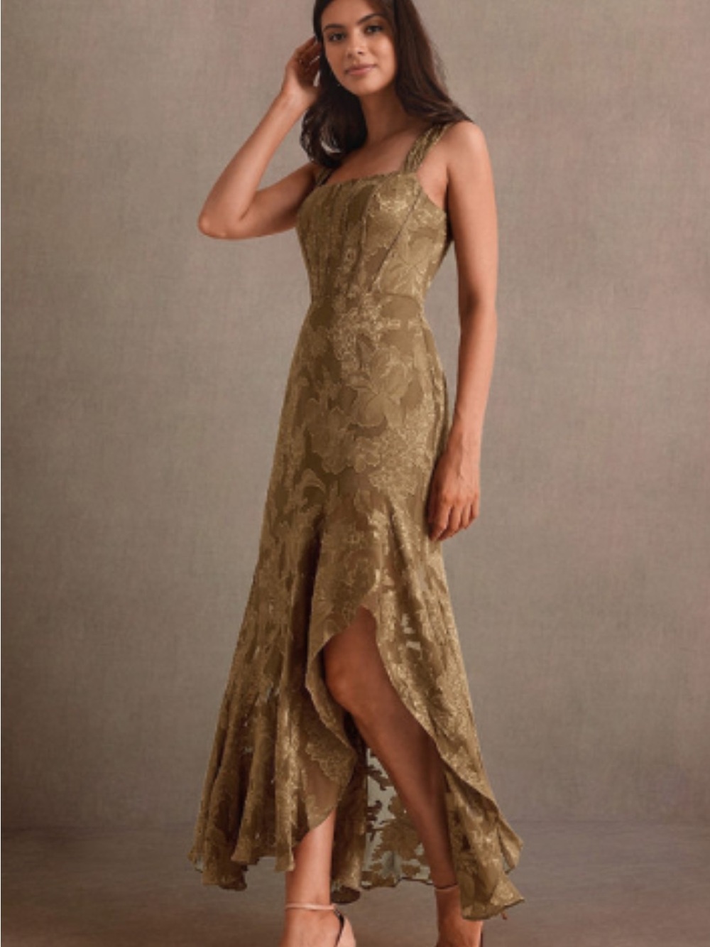 Azazie Remi Square Neck Floral Burnout Dress in Mocha